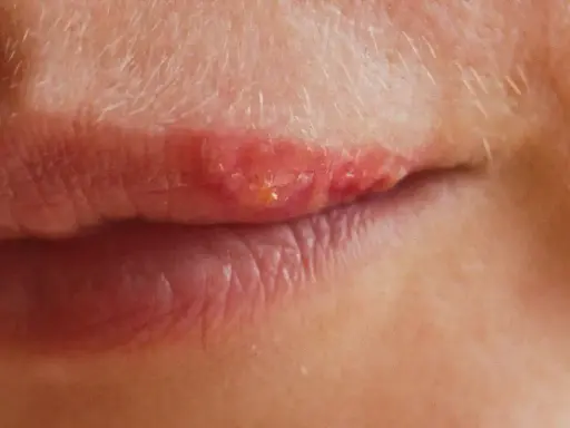 Gros plan sur une lèvre avec un bouton de fièvre rouge et enflammé, suggérant un traitement en cours.