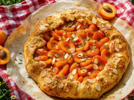 Délicieuse tarte aux fruits d'abricots, garnie d'amandes effilées et de thym frais, prête à être dégustée en plein air.