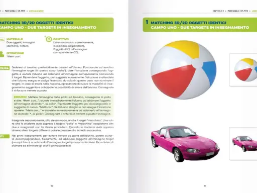 Esercizio di abbinamento 3D/2D: una palla e una macchina rosa. La comunicazione aumentativa alternativa supporta l'apprendimento.