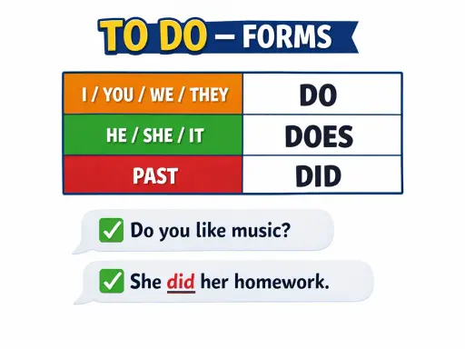 Tabela form czasownika "to do": "do" dla I/you/we/they, "does" dla 3 osoba liczby pojedynczej (he/she/it), "did" dla czasu przeszłego.