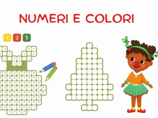 Esercizi matematica natale: un'illustrazione con numeri e colori per creare immagini natalizie, tra cui un albero e un pupazzo.