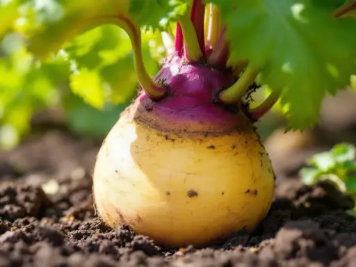 Gros plan sur un rutabaga jaune et violet poussant dans la terre. La culture du rutabaga est une tradition ancestrale.