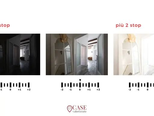 Esempio di bracketing fotografia: tre scatti di un corridoio, uno sottoesposto, uno normale e uno sovraesposto, per catturare dettagli in ogni condizione di luce.