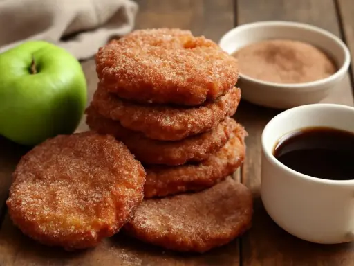 Deliciosas tortitas de manzana espolvoreadas con azúcar y canela, junto a una taza de café y una manzana verde.
