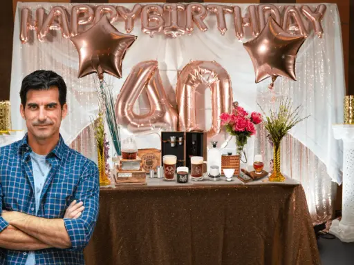 Mężczyzna w kratę stoi przed stołem z prezentami i balonami z napisem "Happy Birthday 40".