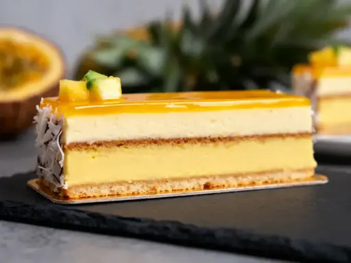 Un délice tropical : un entremets aux couches crémeuses, surmonté d'un glacage miroir jaune éclatant, décoré de fruits et de noix de coco râpées.