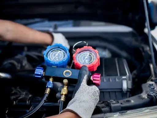Manos enguantadas ajustan manómetros para saber como cargar aire acondicionado coche.