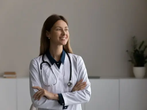 Une podologue souriante, avec un stéthoscope autour du cou, réfléchit à la rédaction d'une lettre pour le médecin traitant.