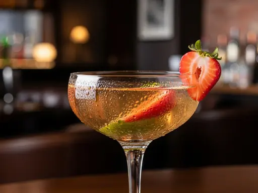 En svalkande alkoholfri strawberry daiquiri med färsk jordgubbe och mynta i ett elegant glas.