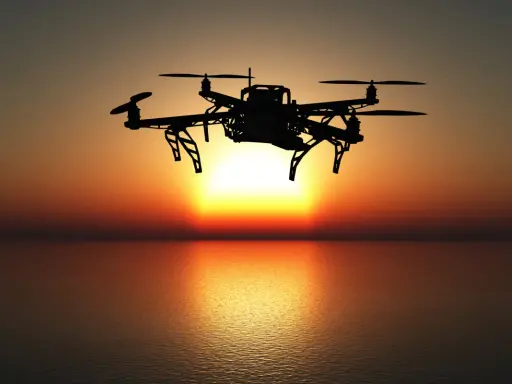 Drohne fliegt über dem Meer bei Sonnenuntergang. Bevor Sie abheben, müssen Sie Ihren Drohnenflug anmelden.