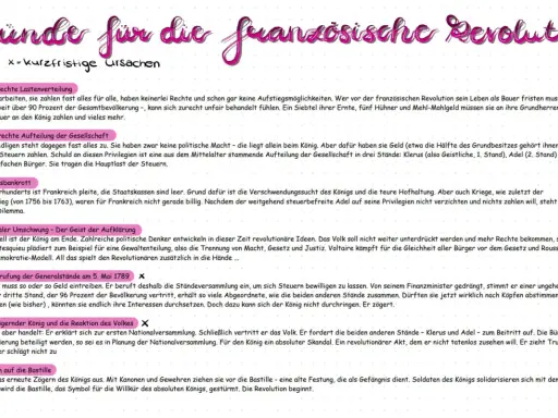 Gründe für die französische Revolution: Ungerechte Lasten, Gesellschaftsaufteilung, Staatsbankrott, Aufklärung, Einberufung der Generalstände, zögernder König, Sturm auf die Bastille.