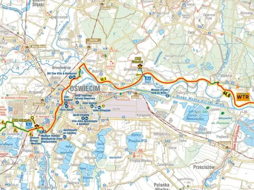 Mapa drogowa Małopolski z zaznaczonymi atrakcjami turystycznymi, miastami i drogami wodnymi.