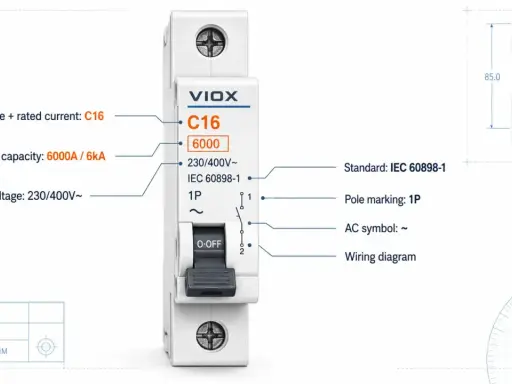 Wyłącznik nadprądowy VIOX C16 z oznaczeniami: prąd znamionowy C16, napięcie 230/400V, zdolność zwarciowa 6kA, zgodny z IEC 60898-1.