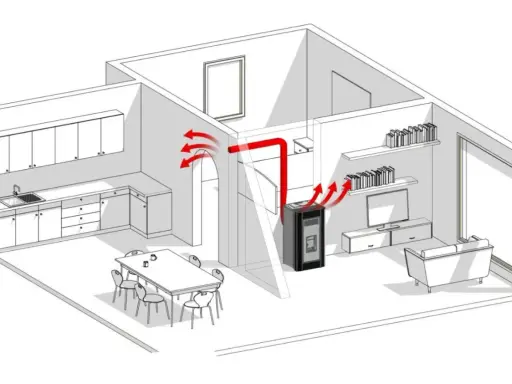 Schéma d'un poêle à granulés canalisable chauffant plusieurs pièces d'une maison, avec des flèches rouges indiquant la diffusion de la chaleur.