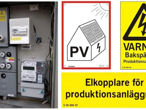 Elskåp med hager huvudbrytare, elmätare och varningsskyltar för solceller och produktionsanläggning.
