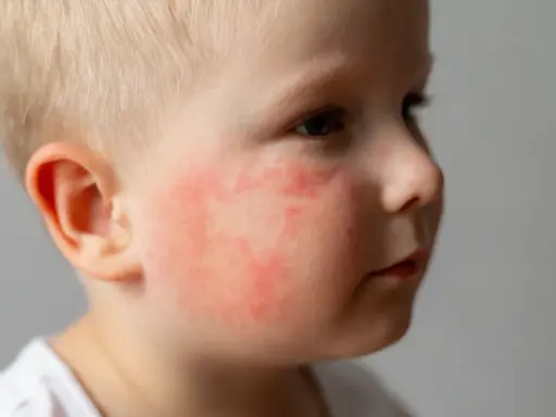 Visage d'un bébé aux joues rouges et irritées, signe de dermatite atopique.