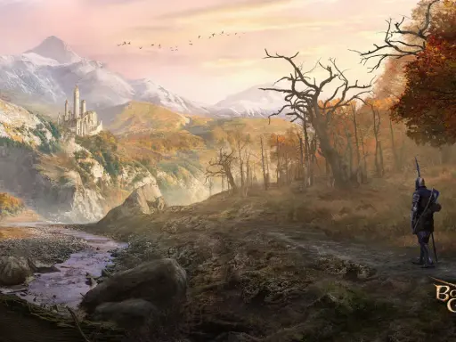 Rycerz w zbroi wędruje przez jesienny krajobraz z zamkiem w tle. Idealne tło dla **Baldur's Gate 3 wymagania** sprzętowe.