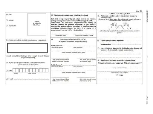 Formularz wniosku o paszport dla dziecka, z polami do wypełnienia danych osobowych, zgody rodziców i informacji urzędowych.