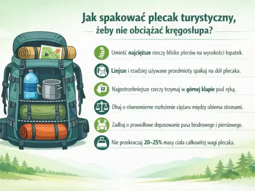 Ilustracja pokazuje, jak prawidłowo pakować plecak turystyczny. Ciężkie przedmioty umieść blisko pleców, lżejsze na dole. Najpotrzebniejsze rzeczy miej pod ręką.