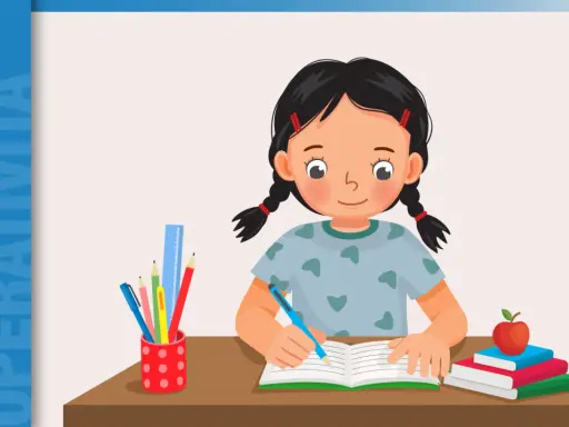 Bambina scrive appunti per riassunti scuola primaria classe quinta. Sul tavolo, libri, matite e righello.