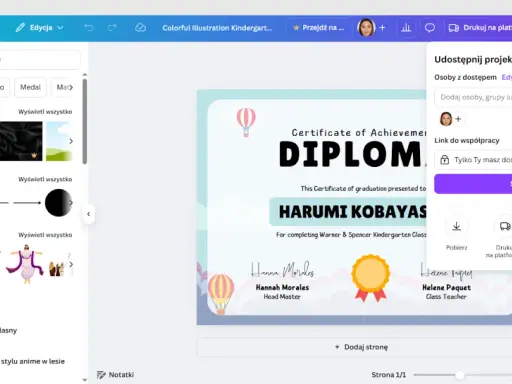 Program do tworzenia dyplomów w Canva. Projekt dyplomu z imieniem Harumi Kobayas.