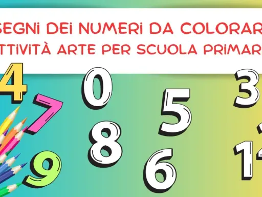 Attività per trasformare i numeri in disegni da colorare: matite colorate e numeri 0-9, 3, 12 su sfondo sfumato.