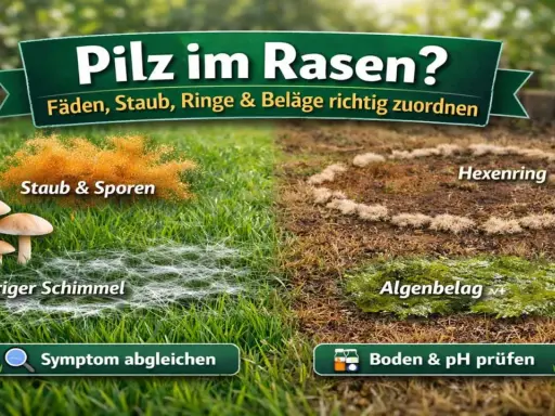 Pilze im Garten: Staub, Sporen, Schimmel, Hexenringe und Algenbelag werden gezeigt. Hilft bei der Zuordnung von Rasenproblemen.