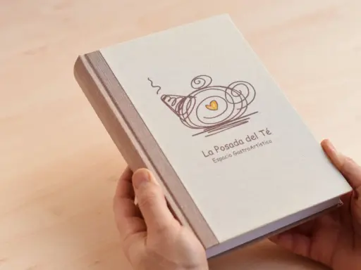 Manos sostienen un libro con tapa de tela, con un diseño de tetera y el texto "La Posada del Té". Una idea para como encuadernar un trabajo de forma original.