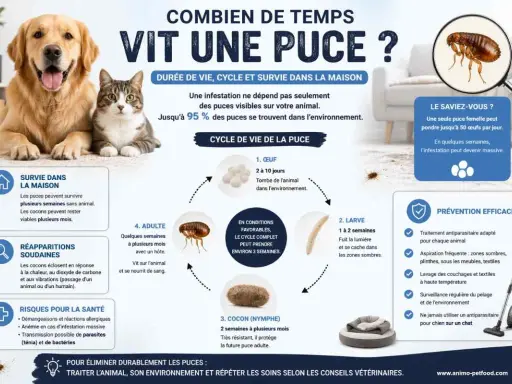 Les puces adultes vivent plusieurs mois sur un hôte. Le cycle complet, de l'œuf à l'adulte, prend environ 3 semaines en conditions favorables.