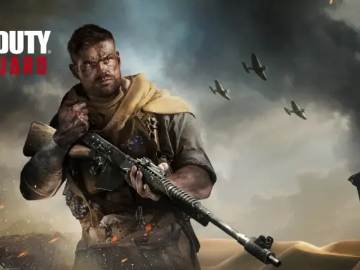 Żołnierz z karabinem w Call of Duty Vanguard, na tle pustynnego krajobrazu i samolotów.