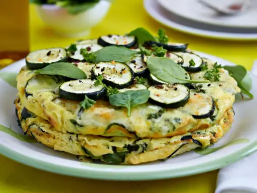 Deliciosa tortilla de calabacín apilada, adornada con rodajas de calabacín, espinacas y perejil fresco.