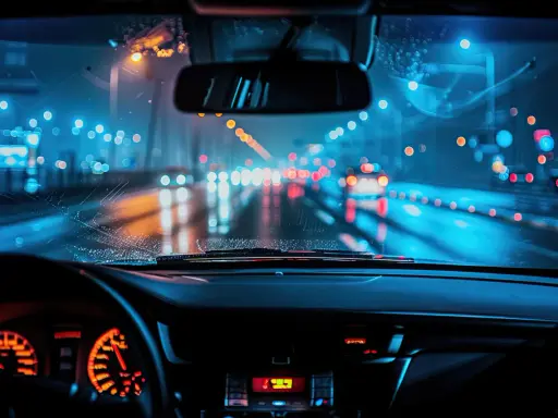 Widzenie w ciemności: rozmazane światła miasta i deszcz na szybie samochodu tworzą surrealistyczny obraz nocnej jazdy.