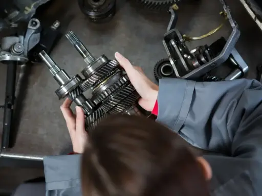 Mechanik trzyma wałki z zębatkami, przygotowując części samochodowe do wysyłki.