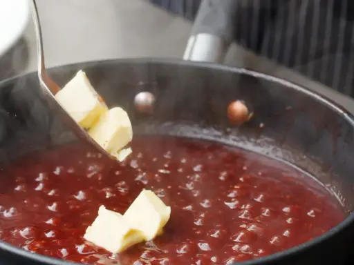 Butterstücke werden in eine köchelnde rote Sauce gegeben, um sie zu **saucen andicken** und zu verfeinern.