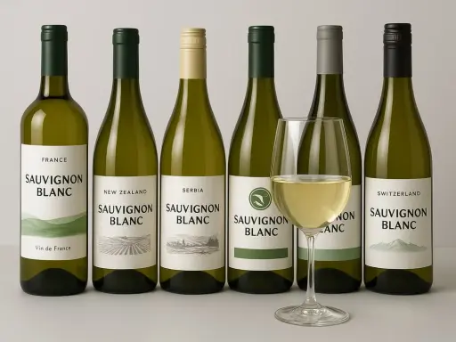 Sechs Flaschen Sauvignon Blanc aus verschiedenen Ländern, daneben ein Glas mit hellem Wein.