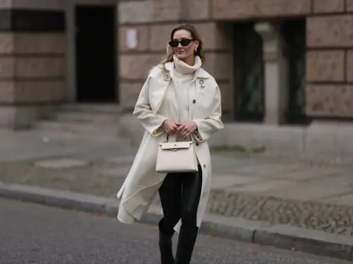 Elegancka kobieta w kremowym płaszczu, golfie i skórzanych legginsach, z beżową torebką. Stylowe skórzane legginsy stylizacje.