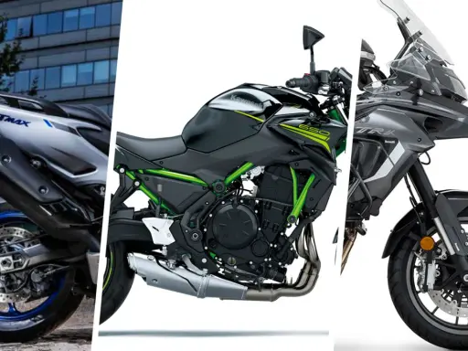Tres motos: una Yamaha TMAX, una Kawasaki Z650 y una Benelli TRK. El carnet A2 para que sirve: permite conducir estas y otras motos de potencia limitada.