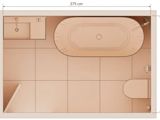Plano de baño con lavabo, bañera y WC. Las medidas generales son 275 cm x 180 cm, mostrando las medidas bañera estandar.