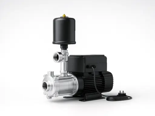 Bomba de agua de acero inoxidable con depósito negro. Parece que la bomba de agua no para de funcionar, lista para suministrar agua.