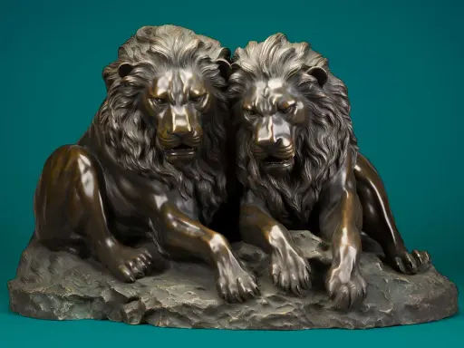 Deux lions en bronze majestueux, posés sur un rocher. Une œuvre qui montre comment faire briller du bronze pour un rendu saisissant.