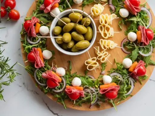 Okrągła deska z 4 wypróbowanymi sałatkami na patyczkach: pomidorki, salami, kulki mozzarelli, marchewka, rukola i oliwki.