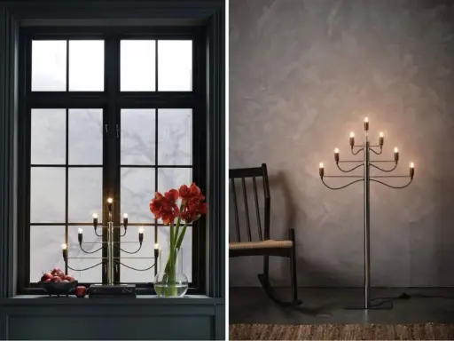 Två adventsljusstake inspirationer: en i fönster med amaryllis och äpplen, en annan som golvlampa bredvid en gungstol.
