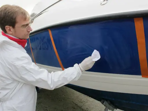 Un homme en combinaison blanche effectue la mise en cire d'un bateau bleu, protégeant la coque pour l'hiver.