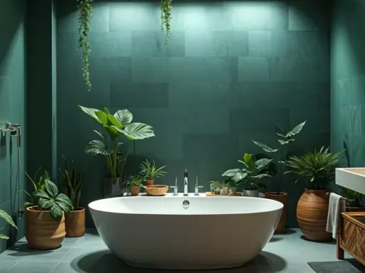 Bagno lussuoso con vasca bianca, tante piante verdi e pareti color smeraldo. Un'oasi di relax con idee bagno verde.