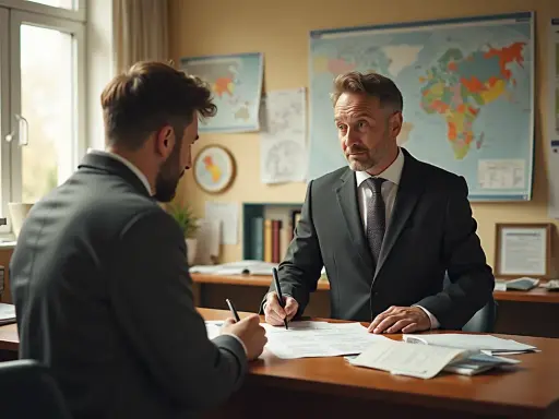 Dwóch mężczyzn w garniturach przy biurku, jeden podpisuje dokumenty. Rozmowa o tym, jak sprawdzić, kto jest właścicielem działki.