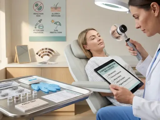 Consultation dermatologique pour microblading. La docteure examine les sourcils d'une patiente, tablette à l'appui, pour évaluer les risques.