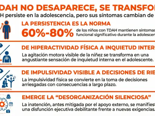 El TDAH en adolescentes: la hiperactividad se vuelve inquietud interna, la impulsividad, decisiones de riesgo, y la inatención, desorganización.