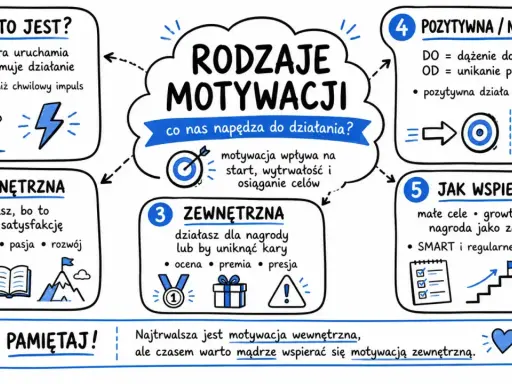 Rodzaje motywacji: wewnętrzna (pasja, rozwój) i zewnętrzna (nagroda, presja). Wewnętrzna jest trwalsza, ale zewnętrzna też wspiera.