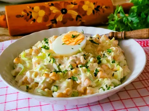 Pyszna, kremowa sałatka porowa z jajkiem i kukurydzą, posypana natką pietruszki. To najlepsza sałatka porowa na każdą okazję!