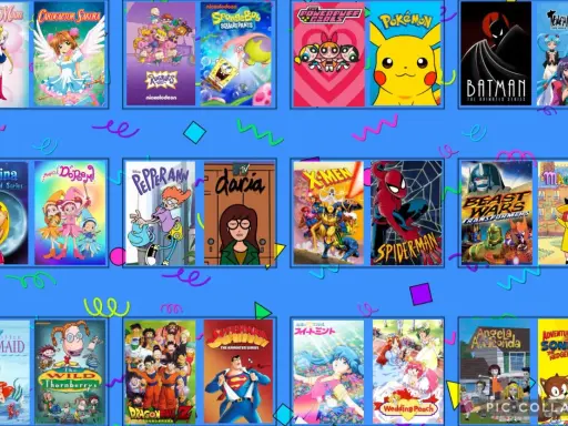 Un collage de dibujos animados de los 90: Sailor Moon, Pokémon, X-Men, Spider-Man, Dragon Ball Z, Sonic y más.